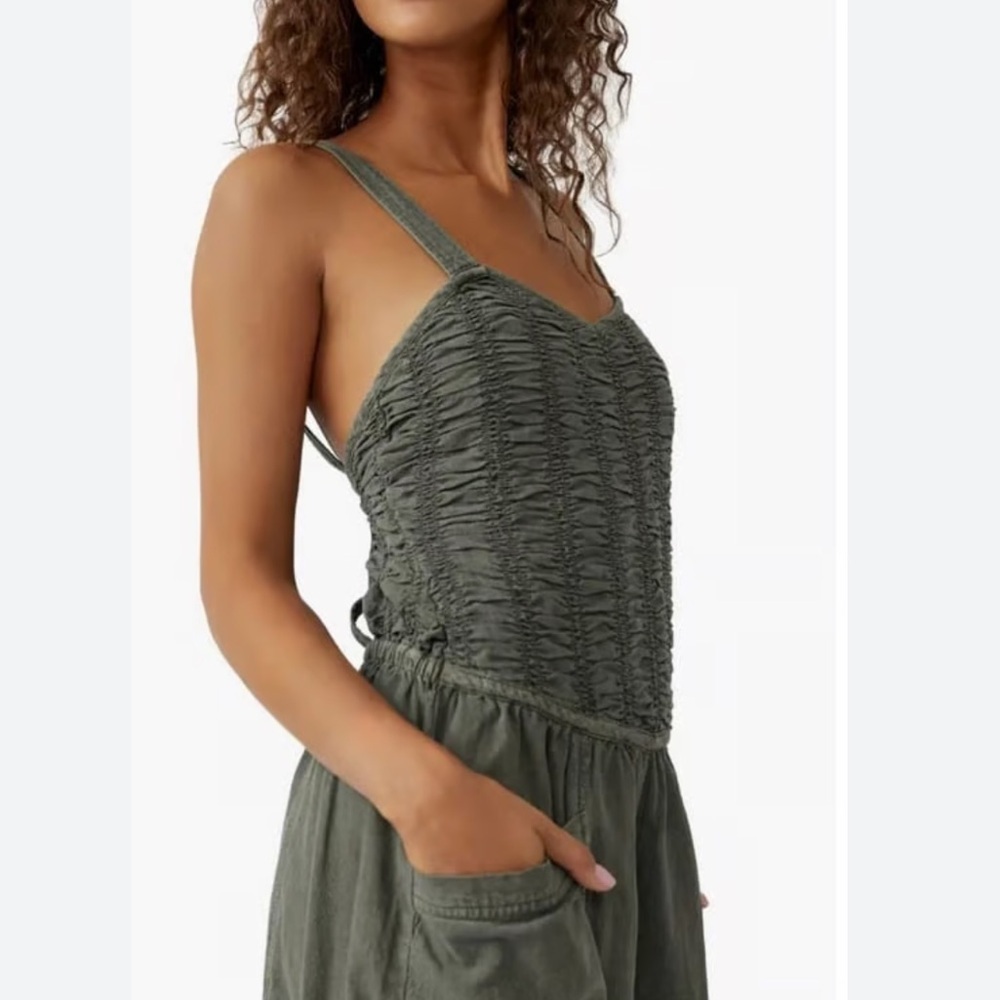 Free People Olive Green Smocked Jumpsuit - Picture 2 of 5